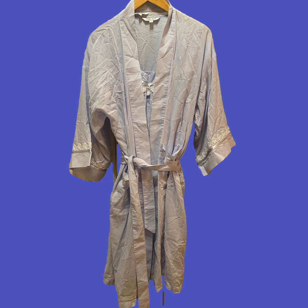 Cotton Real combed light blue lace detail CHEMISES & ROBE set Grandmacore Size L